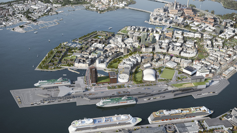 Länsisataman alue uudistusten valmistuttua 2030-luvulla. Kuva Helsingin Satama Oy