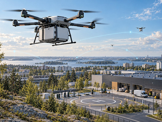 Alailmatilan liikenne voi tulevaisuudessa muodostaa uuden osan logistiikan infrastruktuuria. Kehitys on Aasiassa jo pitkällä, ja myös Keski-Euroopan teollisuus- ja satama-alueilla raskaita drooneja hyödynnetään käytännössä. Suomessa seuraava askel on liikenteen mahdollistavan infrastruktuurin rakentaminen. Tekoälyllä luotu havainnekuva.