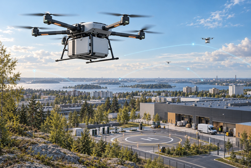 Alailmatilan liikenne voi tulevaisuudessa muodostaa uuden osan logistiikan infrastruktuuria. Kehitys on Aasiassa jo pitkällä, ja myös Keski-Euroopan teollisuus- ja satama-alueilla raskaita drooneja hyödynnetään käytännössä. Suomessa seuraava askel on liikenteen mahdollistavan infrastruktuurin rakentaminen. Tekoälyllä luotu havainnekuva.