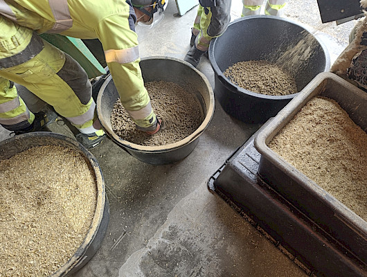 Materiaalin pelletöintiä kuivikkeeksi testejä varten.