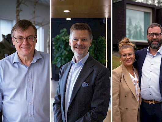 Vasemmalla CPE Productionin toimitusjohtaja Harri Kolu. Keskellä Normet Groupin hallituksen puheenjohtaja Aaro Cantell. Oikealla Katja Ikäheimo-Länkinen (vas.) ja Ilkka Länkinen SantaPark Arctic Worldista. Kuvaaja: Petri Siikanen.